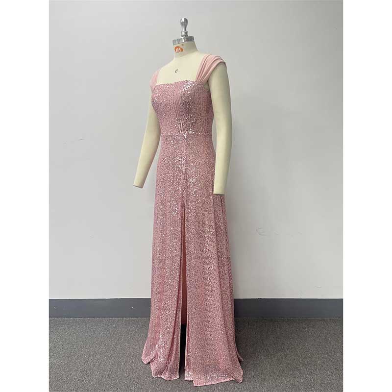 Pink Wedding Guest Dress Sequin Dress With High Split Long Prom Dress