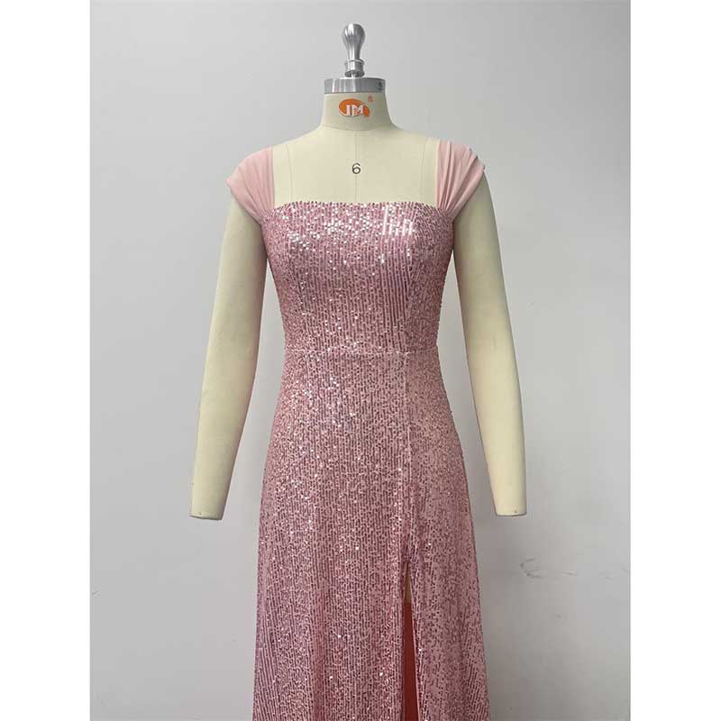 Pink Wedding Guest Dress Sequin Dress With High Split Long Prom Dress
