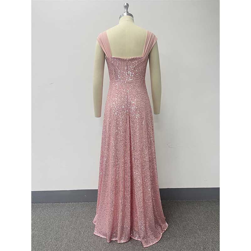 Pink Wedding Guest Dress Sequin Dress With High Split Long Prom Dress