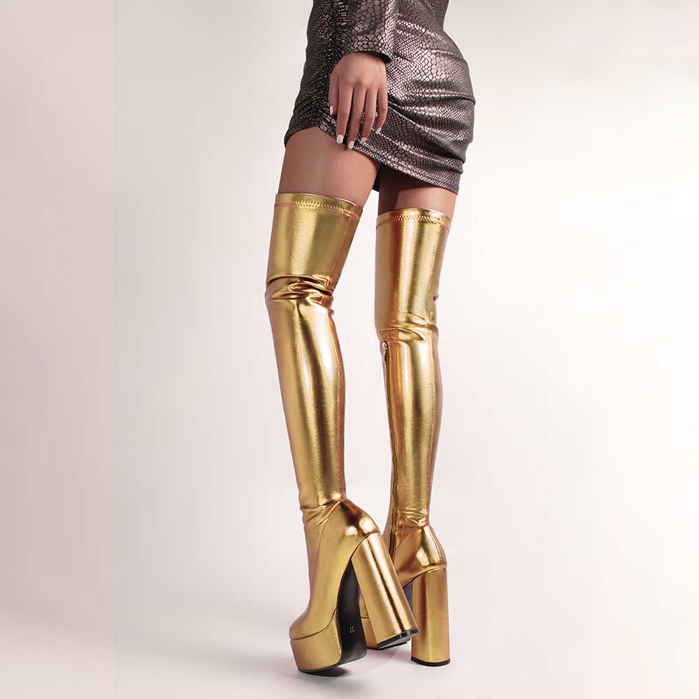 Gold shiny faux leather boots women thigh high platform heels with block heel design