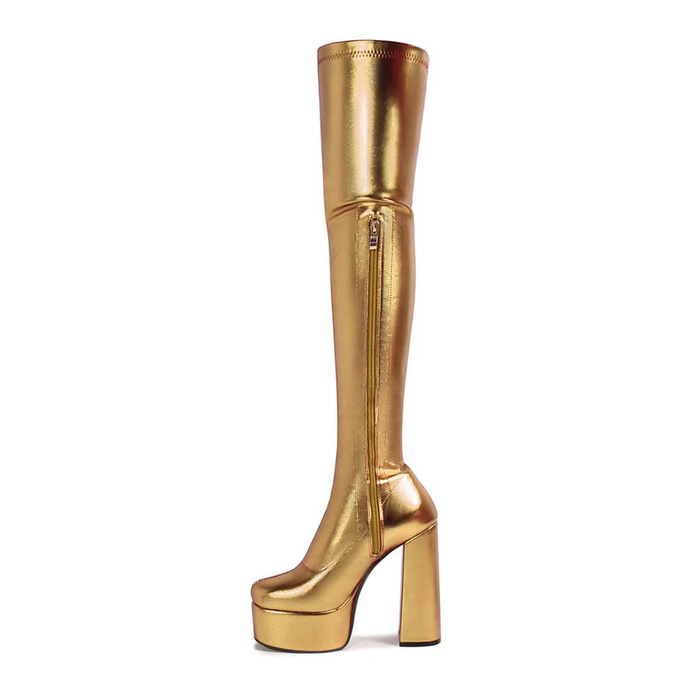 Gold shiny faux leather boots women with platform heel and side zipper