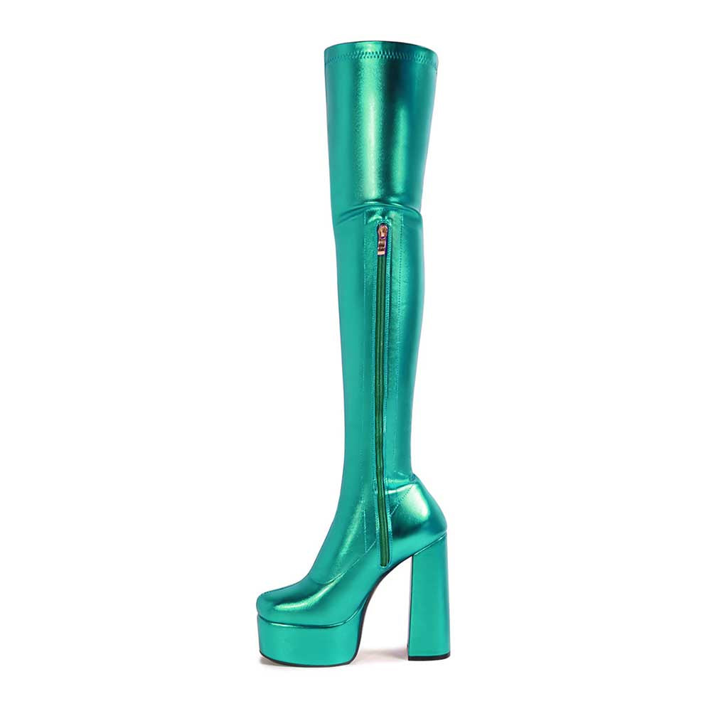 Shiny faux leather boots women in metallic teal with platform heels and side zipper