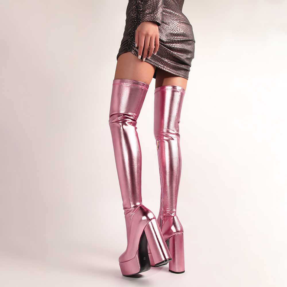 Shiny faux leather boots women in metallic pink thigh-high style with block heels