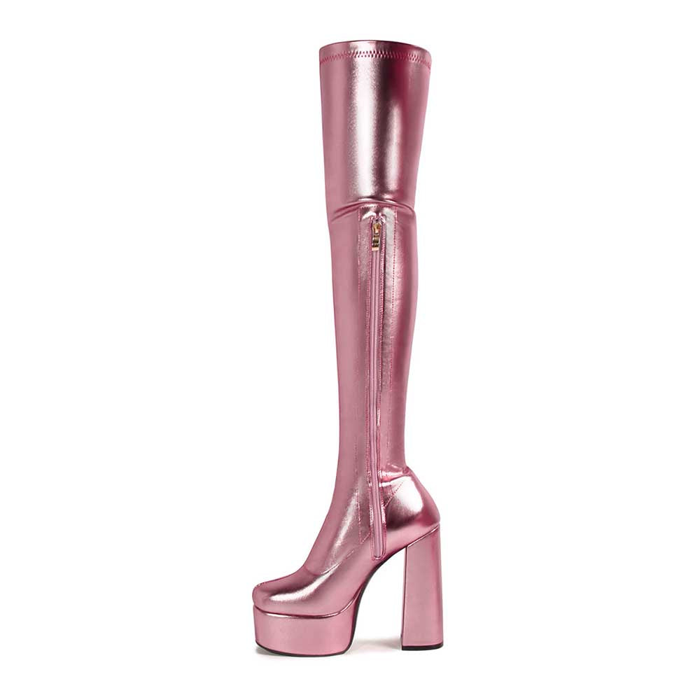 Shiny faux leather boots women in metallic pink over-the-knee platform heel design