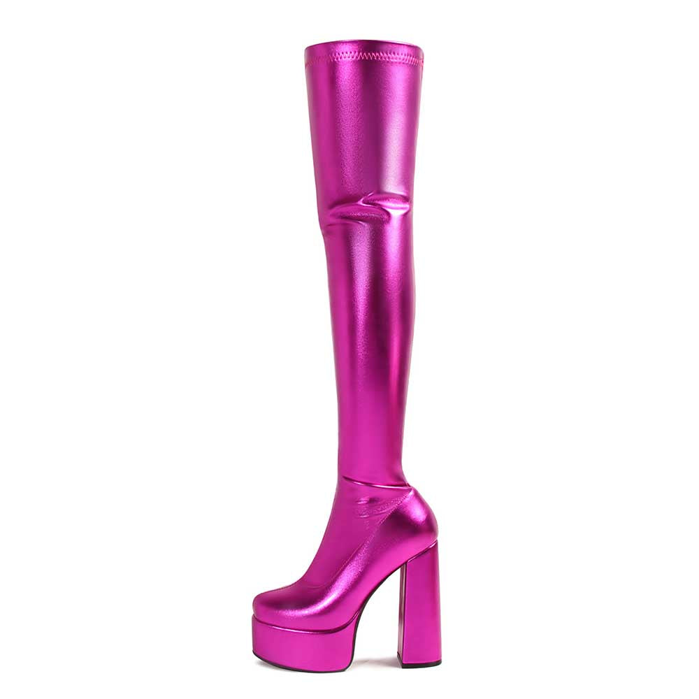 Shiny faux leather boots women in metallic pink with high block heels and platform soles