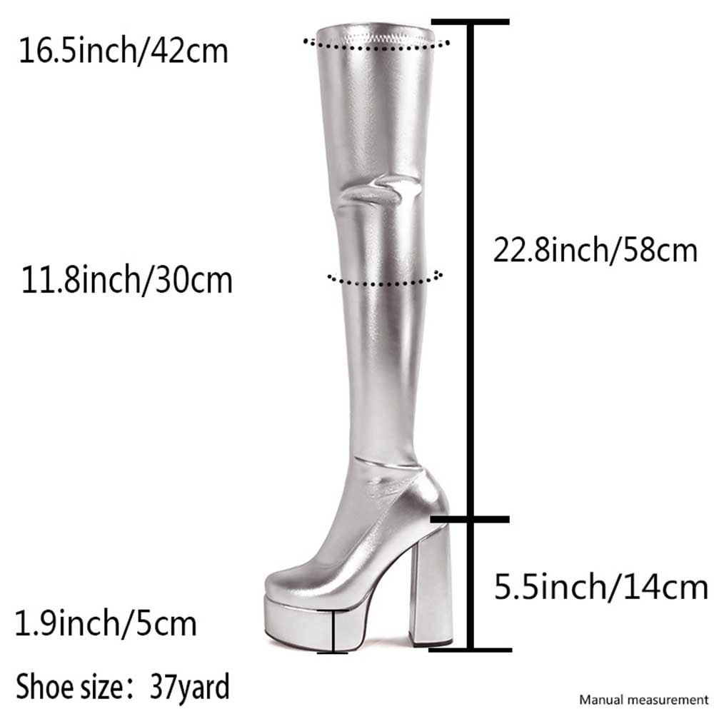 Shiny faux leather boots women with platform heel and thigh-high design in silver size 37