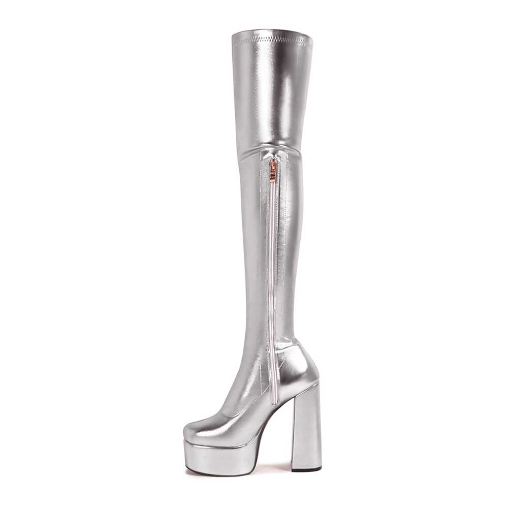 Silver shiny faux leather boots women with platform heels and side zipper closure