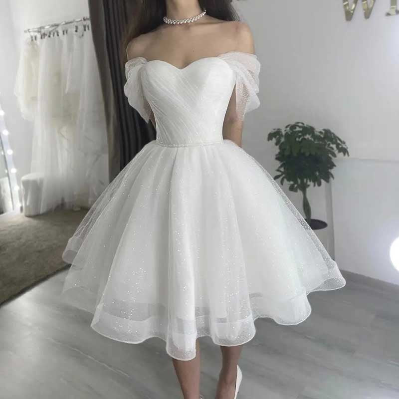 Elegant short A-line wedding dress with off-shoulder tulle sleeves and sweetheart neckline