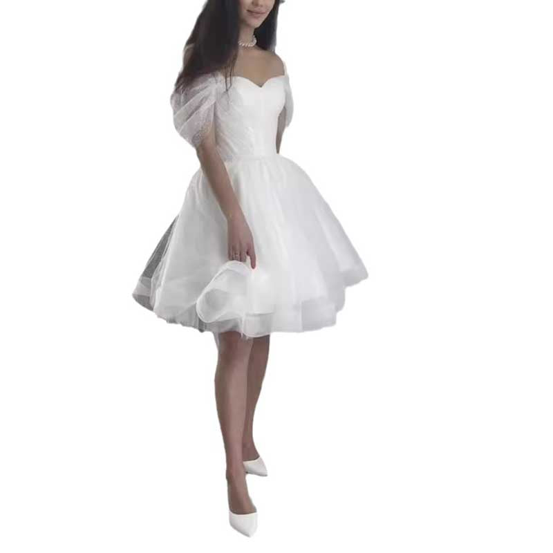 Elegant short A-line wedding dress with puff sleeves and sweetheart neckline in white