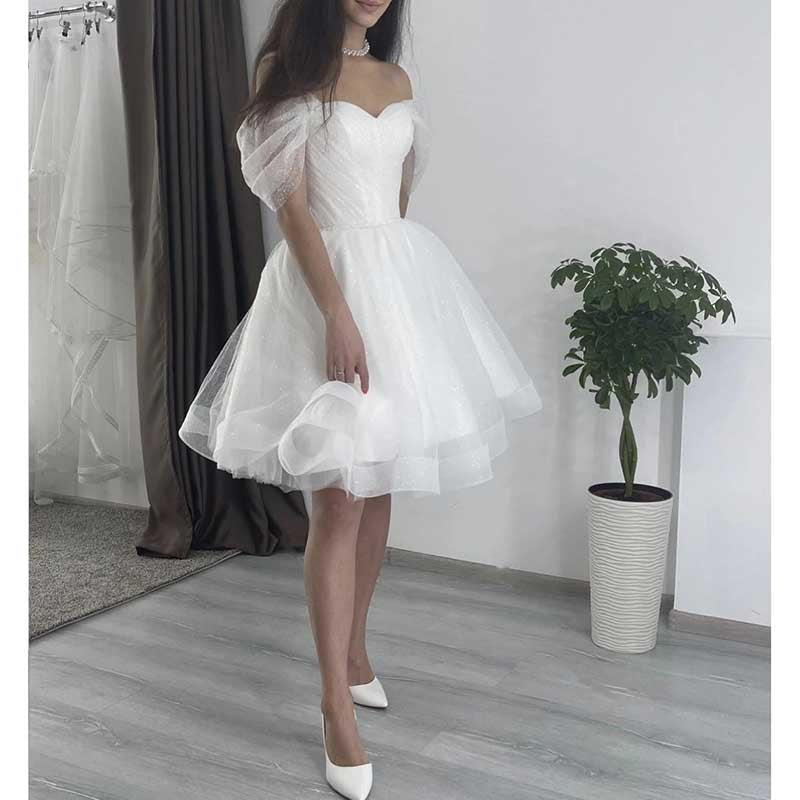 Elegant short A-line wedding dress with off-shoulder puff sleeves and a layered tulle skirt