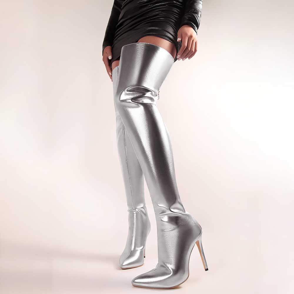Shiny leather high heel over the knee boots for women in silver with pointed toes and stiletto heels