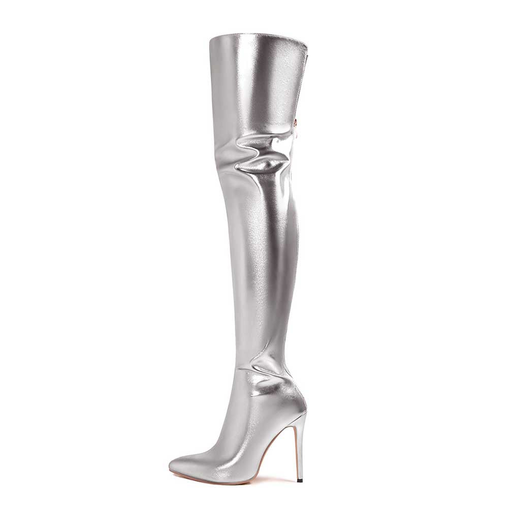 Shiny leather high heel over the knee boots for women in metallic silver color with pointed toe
