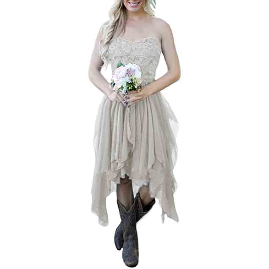 Country High Low Bridesmaid Dress Chiffon Lace Wedding Guest Outfit