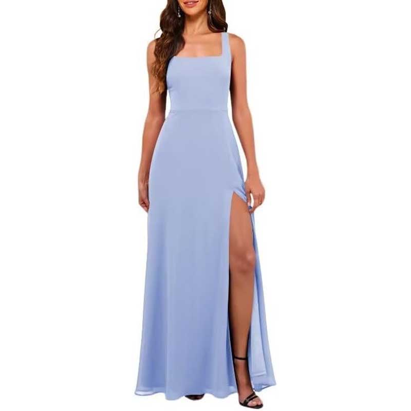 Light blue chiffon bridesmaid dress with high split and square neckline sleeveless design