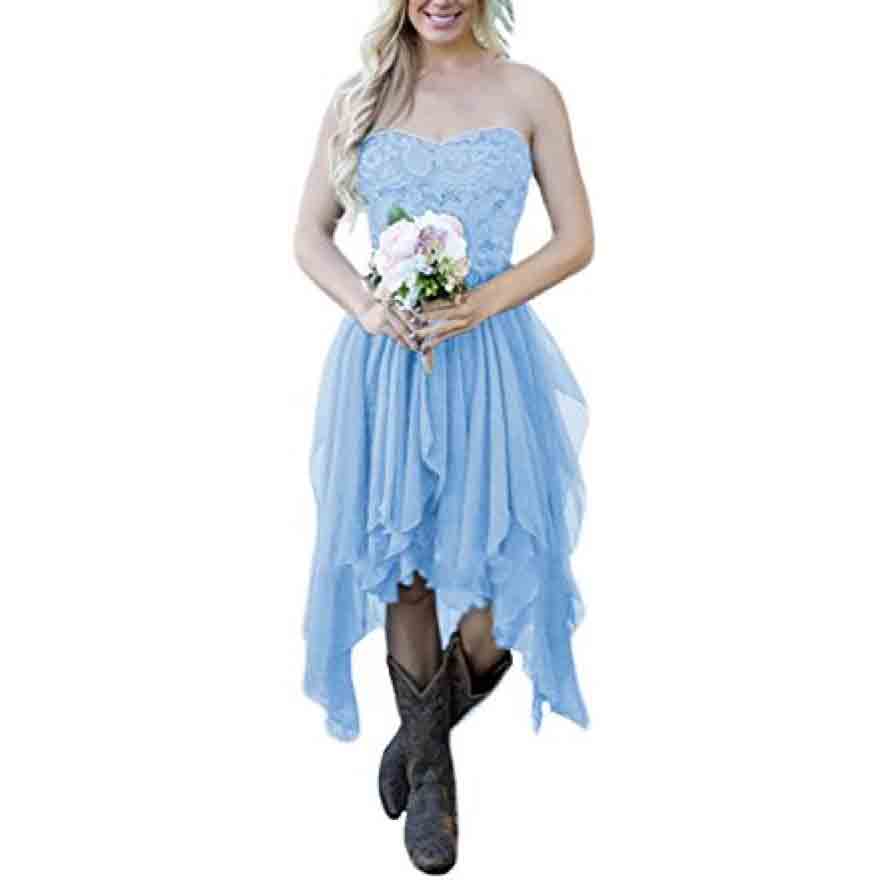 Country High Low Bridesmaid Dress Chiffon Lace Wedding Guest Outfit