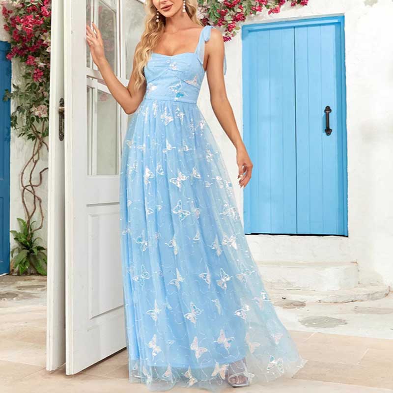 Sky Blue Wedding Guest Dress Square Neck Long Prom Dress Tulle Maxi Dress