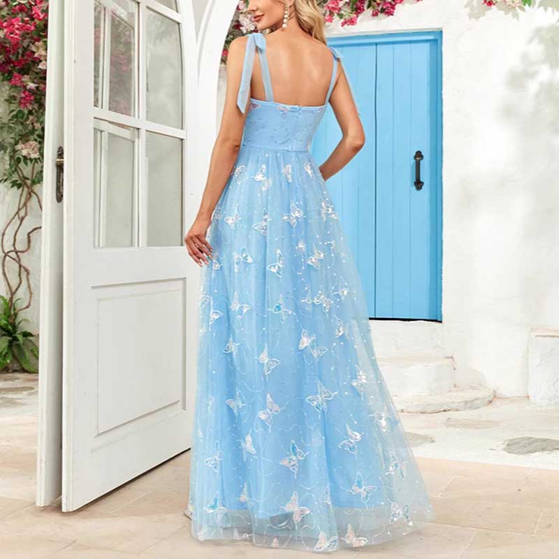 Sky Blue Wedding Guest Dress Square Neck Long Prom Dress Tulle Maxi Dress
