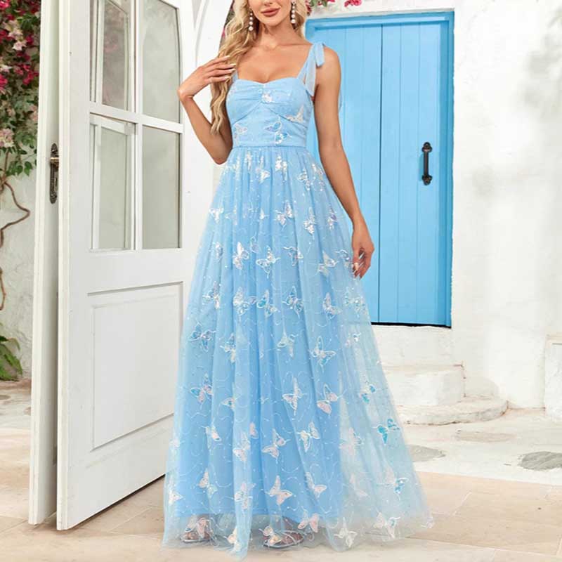 Sky Blue Wedding Guest Dress Square Neck Long Prom Dress Tulle Maxi Dress