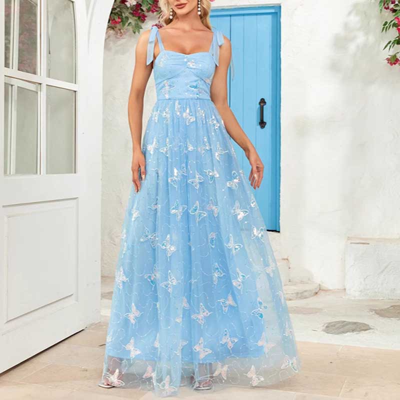 Sky Blue Wedding Guest Dress Square Neck Long Prom Dress Tulle Maxi Dress