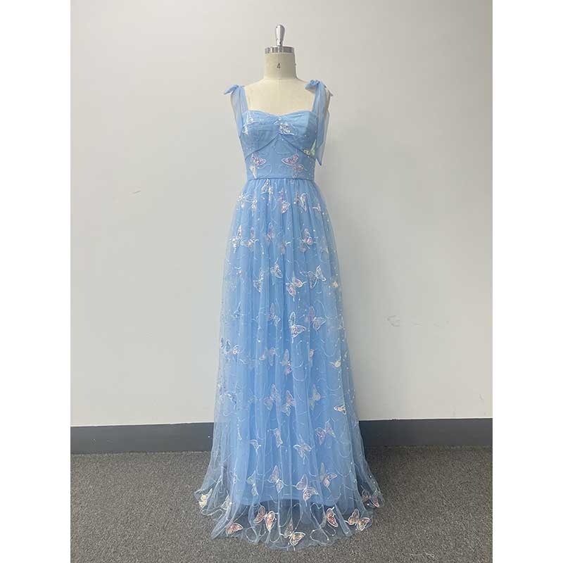 Sky Blue Wedding Guest Dress Square Neck Long Prom Dress Tulle Maxi Dress