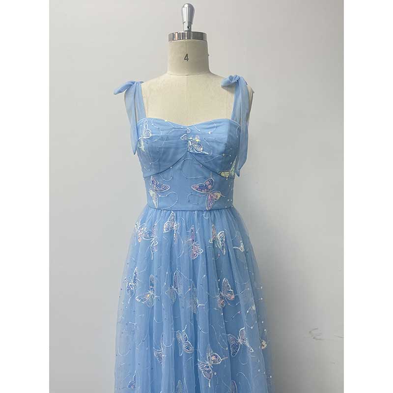 Sky Blue Wedding Guest Dress Square Neck Long Prom Dress Tulle Maxi Dress