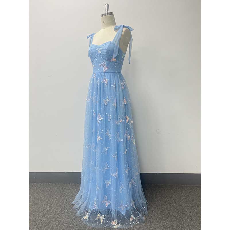 Sky Blue Wedding Guest Dress Square Neck Long Prom Dress Tulle Maxi Dress