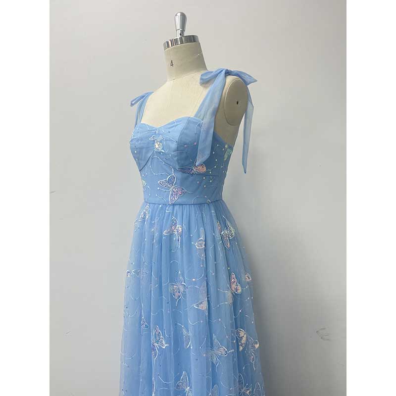 Sky Blue Wedding Guest Dress Square Neck Long Prom Dress Tulle Maxi Dress