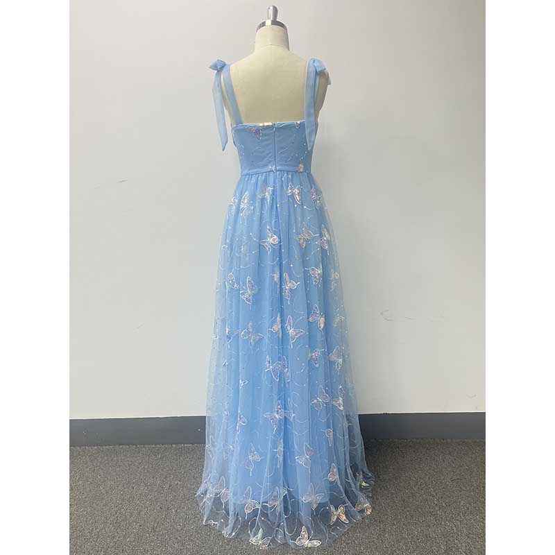 Sky Blue Wedding Guest Dress Square Neck Long Prom Dress Tulle Maxi Dress