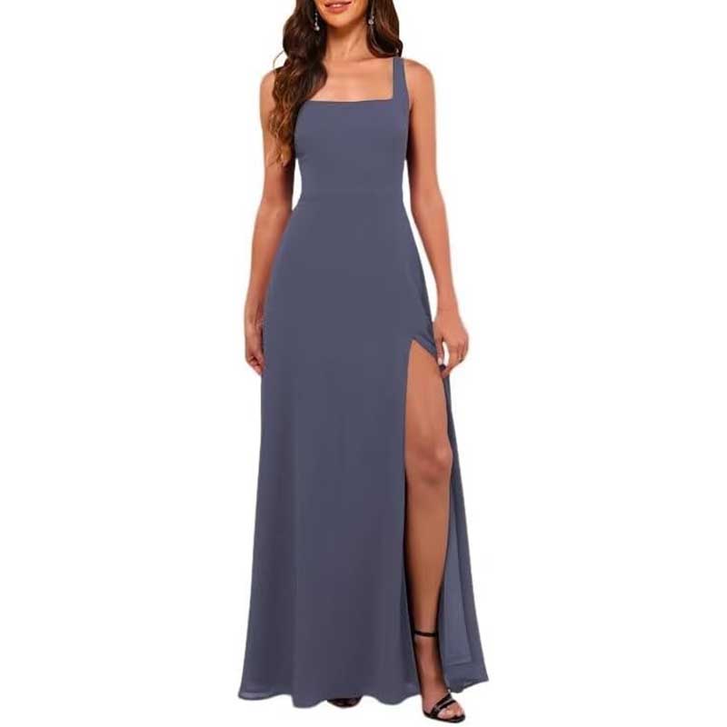 Elegant chiffon bridesmaid dress with high split in dark gray featuring square neckline and sleeveless design