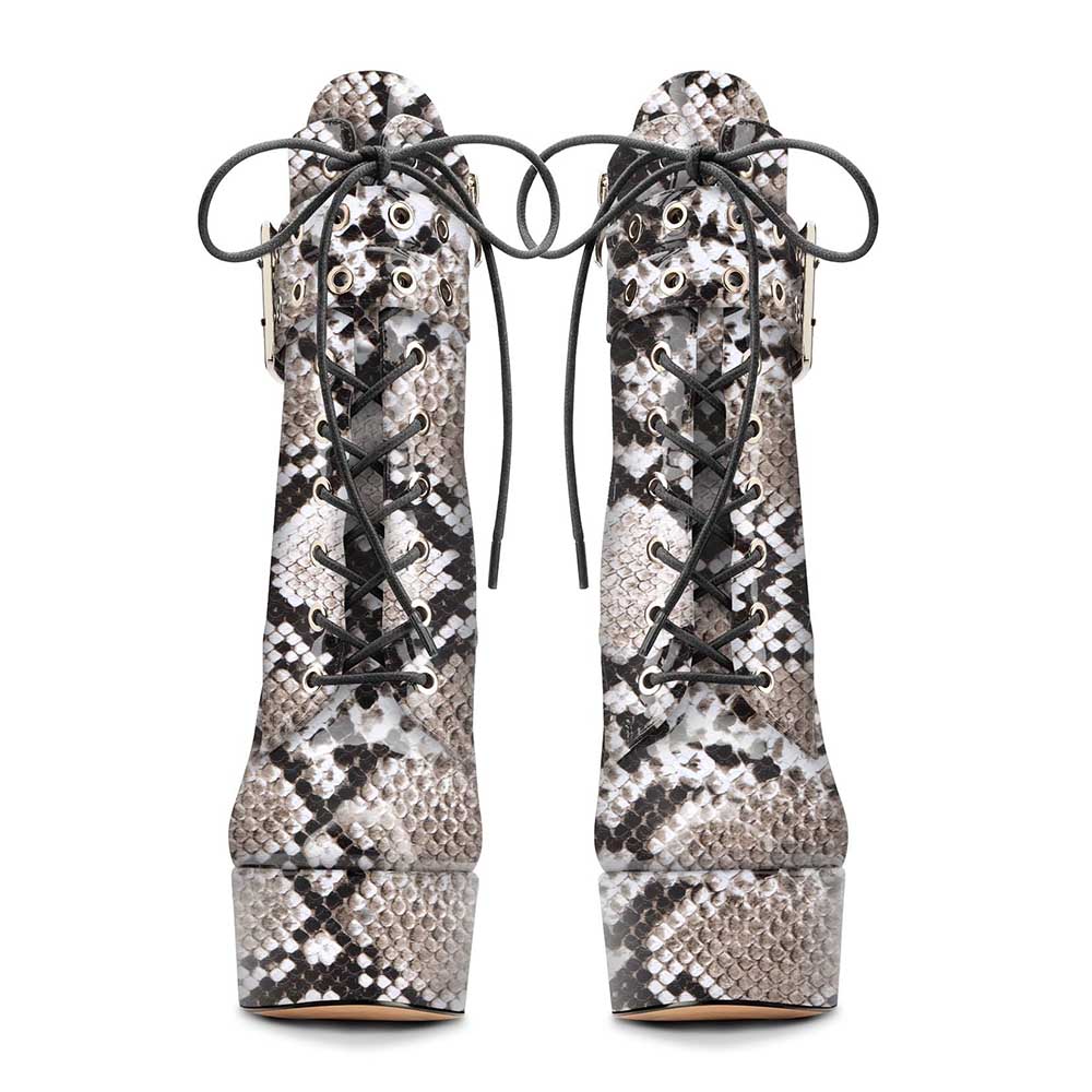 Snake print platform ankle boots with lace-up front and high block heels