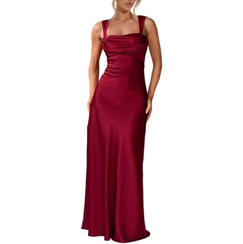 Red spaghetti strap bridesmaid gown with a fitted bodice and floor-length skirt prom dress
