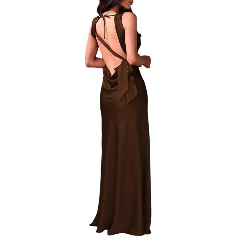 Elegant brown spaghetti strap bridesmaid gown with open back and bow detail for formal occasions