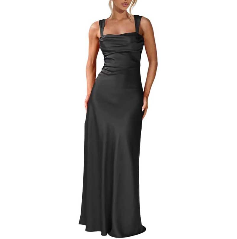 Elegant black prom dress with thick straps and fitted bodice spaghetti strap bridesmaid gown