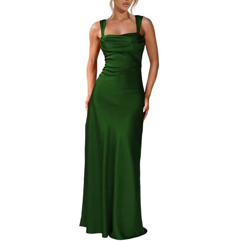 Elegant green spaghetti strap bridesmaid gown with fitted bodice and long flowing skirt
