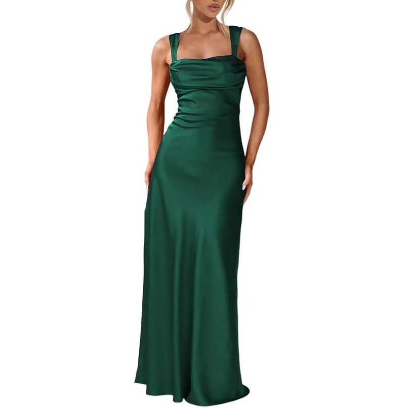 Elegant emerald green spaghetti strap bridesmaid gown with a fitted bodice and floor-length skirt