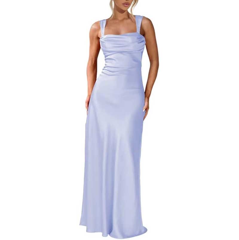 Light blue spaghetti strap bridesmaid gown with a fitted bodice and floor-length skirt