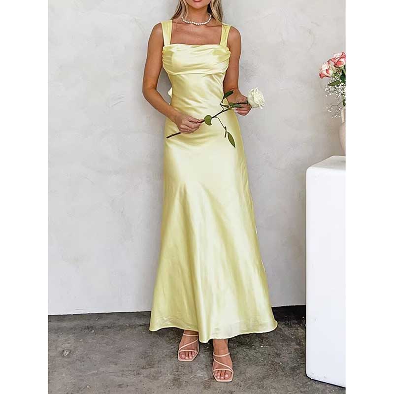 Elegant light yellow spaghetti strap bridesmaid gown with square neckline and satin finish
