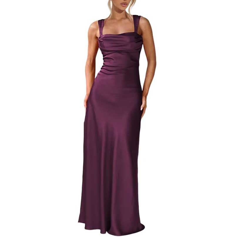 Elegant purple spaghetti strap bridesmaid gown with a fitted bodice and flowing skirt for formal events