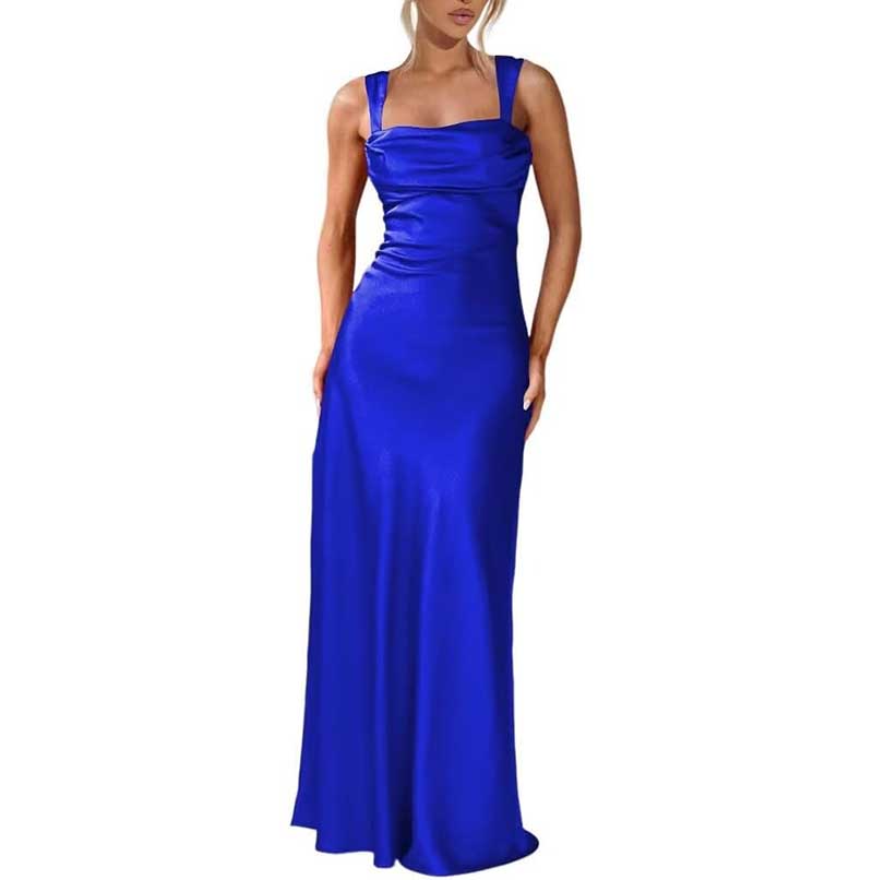 Elegant royal blue spaghetti strap bridesmaid gown with a fitted bodice and floor-length skirt
