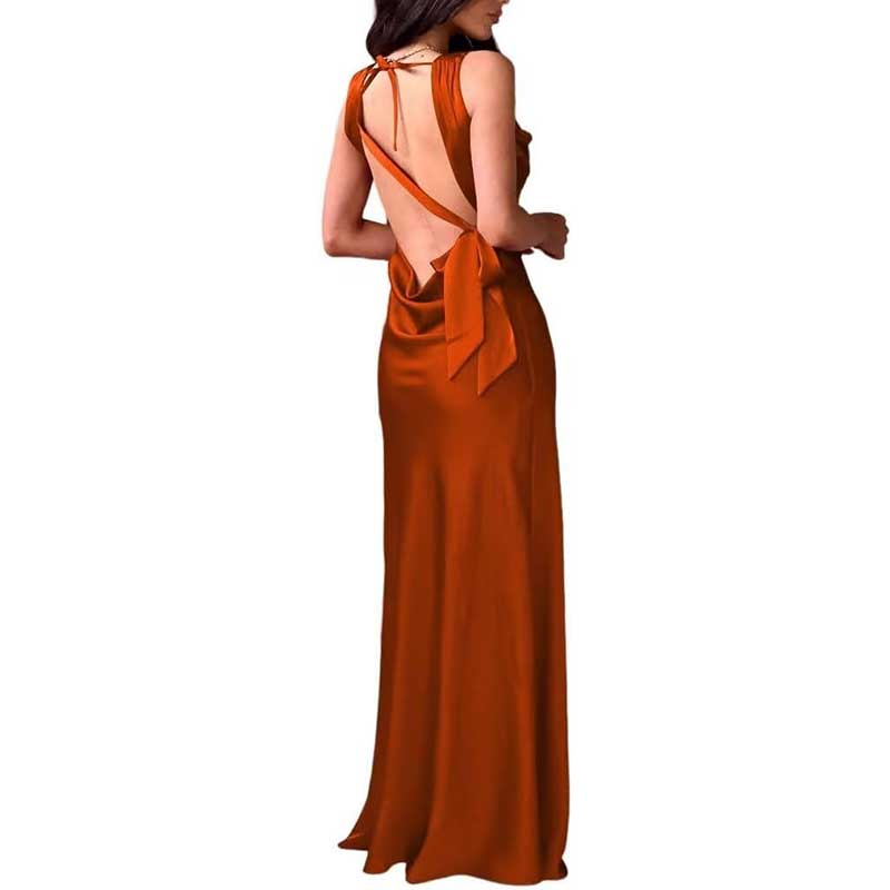 Elegant rust orange spaghetti strap bridesmaid gown with open back and floor-length design
