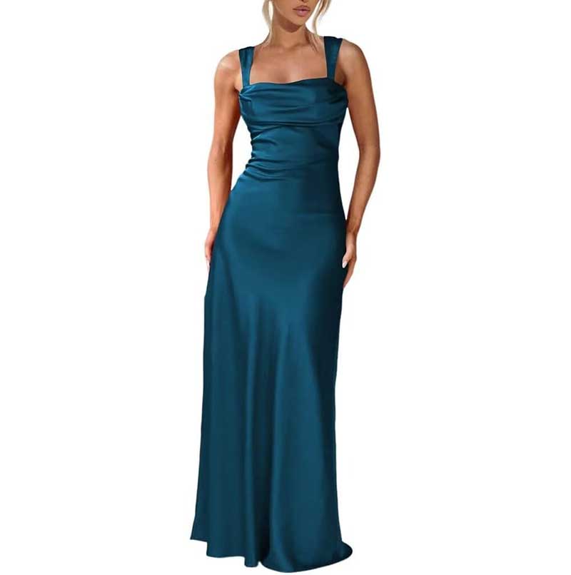 Elegant teal spaghetti strap bridesmaid gown with a fitted bodice and long flowing skirt