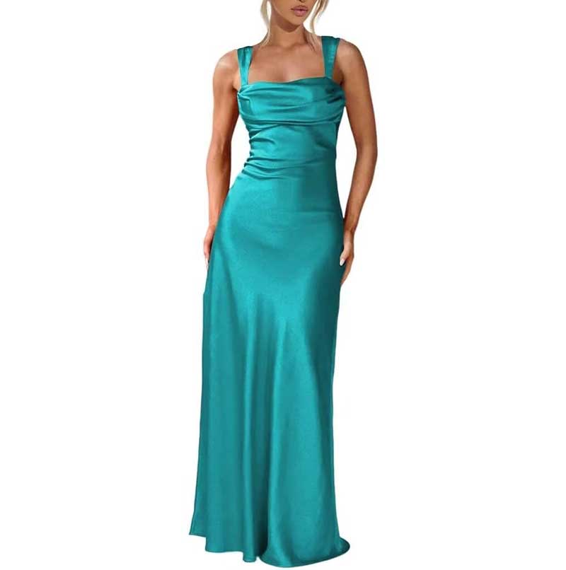 Teal satin long prom dress with square neckline and spaghetti strap bridesmaid gown style