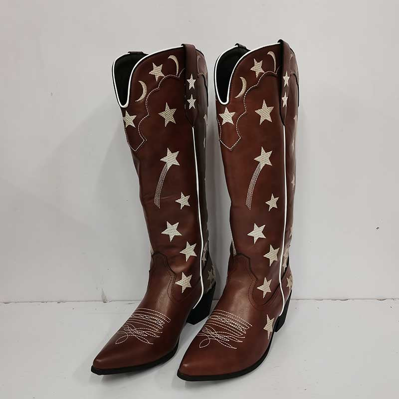 Brown cowboy star pattern knee high boots with white star and moon embroidery