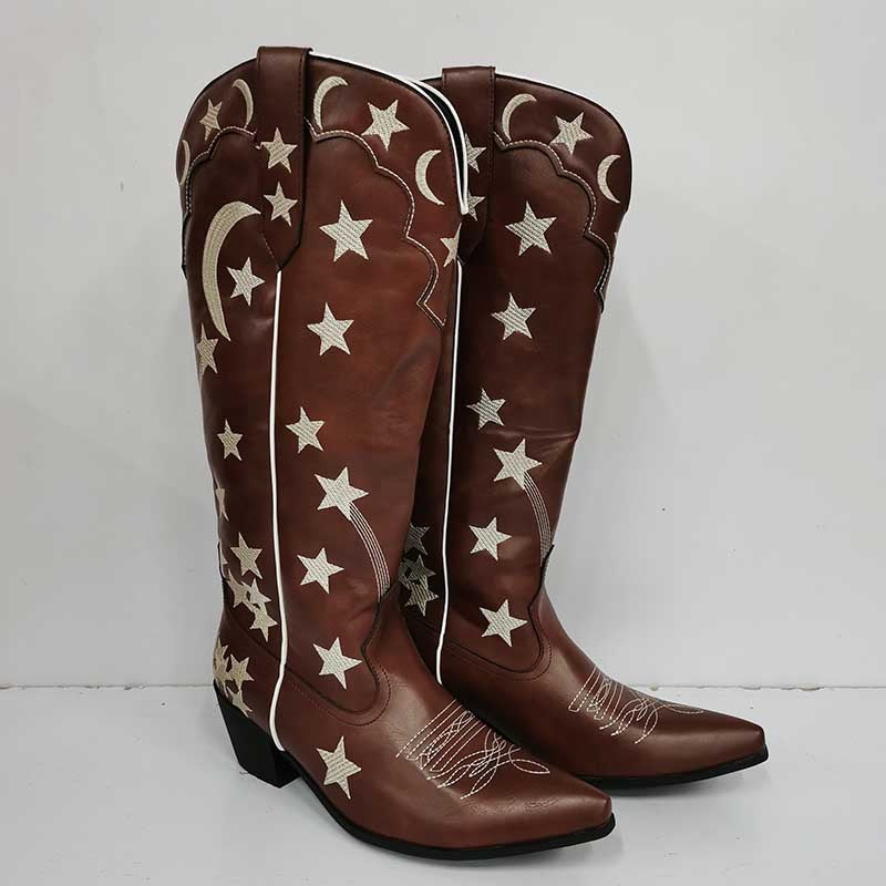 Brown leather star pattern knee high boots with white star and moon embroidery and pointed toes