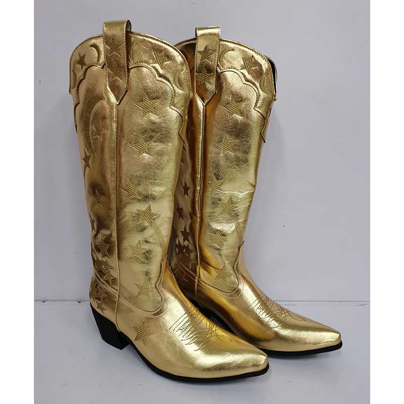 Gold leather cowboy boots featuring star pattern knee high boots design with pointed toes and block heels