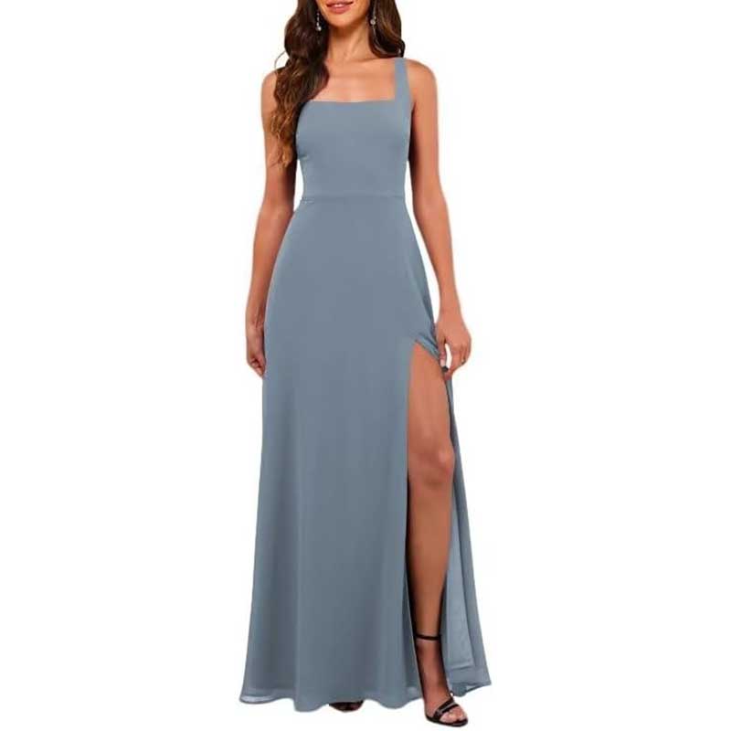 Elegant blue chiffon bridesmaid dress with high split and square neckline sleeveless prom dress