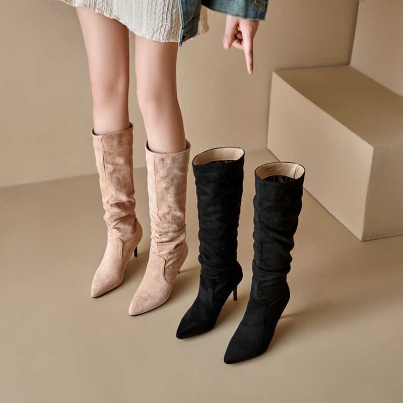 Suede knee high boots for special occasions in beige and black with pointed toes and slender heels