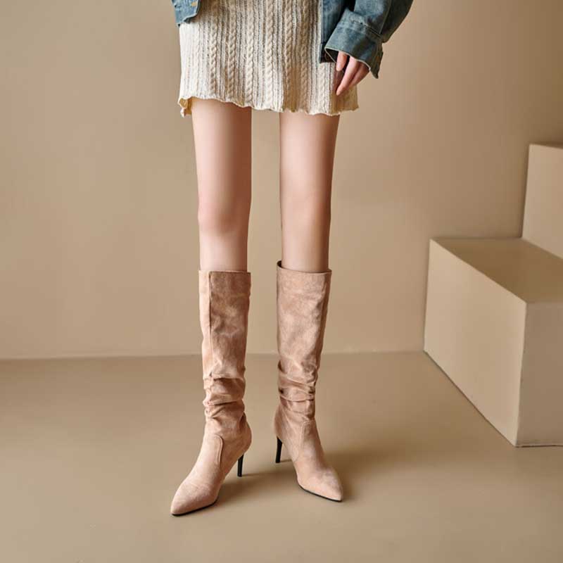 NONEBT suede knee high boots for special occasions in beige with pointed toes and slim heels
