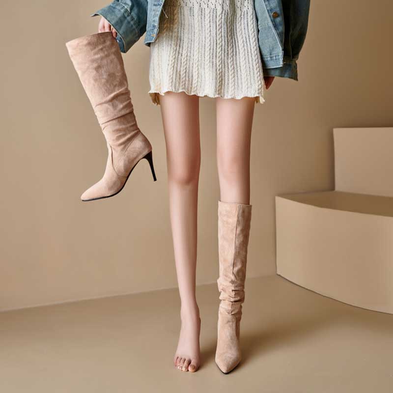 Suede knee high boots for special occasions in beige with pointed toes and slim heels