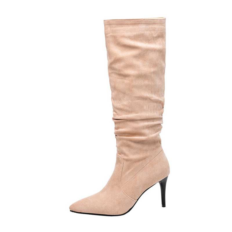 Beige suede knee high boots for special occasions with pointed toe and slim high heel